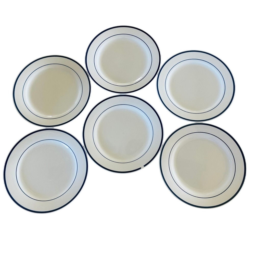 Lot of 6 Oneida Maître De Porcelain Plates 9" White Blue Ring Bistro Style GUC